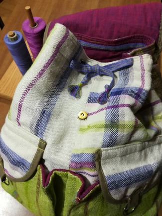 Cotton duffle bag made with this fabric and inkle woven ribbons