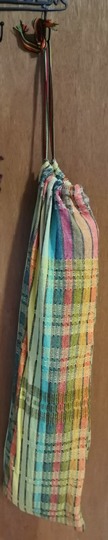 Finished bag with inkle braid drawstring